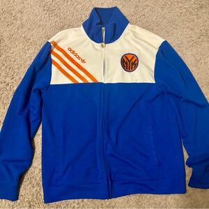 Adidas Blue and Cream Varsity Jacket with Orange Accents